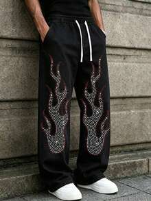 Men's Vintage Washed Wide Leg Pants, Red Rhinestone Flame Graphic Drawstring Streetwear Trousers, Casual Y2K Style Bottoms - Black - View 1
