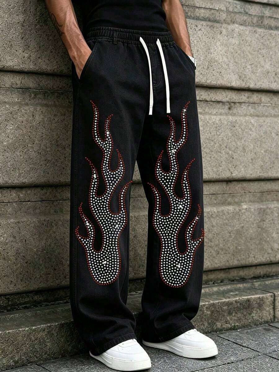 Men's Vintage Washed Wide Leg Pants, Red Rhinestone Flame Graphic Drawstring Streetwear Trousers, Casual Y2K Style Bottoms - Black - View 1