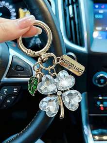 1pc Lucky Four-Leaf Clover Keychain, Sparkling Faux Crystal Four-Leaf Clover Key Ring With "GOOD LUCK" Tag, For Bag And Car Decoration, Perfect Gift For Women - Multicolor - View 7