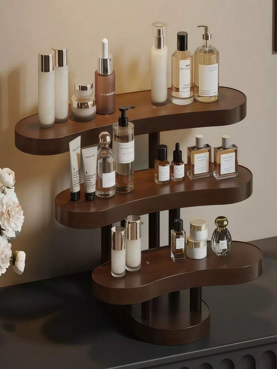 1pc-Walnut Wood Multi-Functional Desktop Storage Vertical Shelf, Tea Set Storage Shelf, Vintage Solid Wood Makeup Organizer, Multi-Layer Display Rack, Vanity Perfume And Skincare Storage Shelf, Multi-Functional Storage Rack, Wooden Jewelry And Accessories Display Tray, Beauty Display Tray, Suitable For Living Room, Shoe Cabinet, Entryway - Multicolor - View 1
