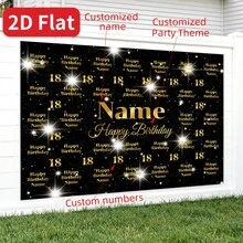 (Customized) 2Dflat Banner Custom Numbers And Names Black Gold Glitter Party Banner Thickened Durable Polyester Background Suitable For Wedding Anniversary Anniversary Sweet 16 Birthday Party  Photography Backdrop - 黑色 - 查看 1