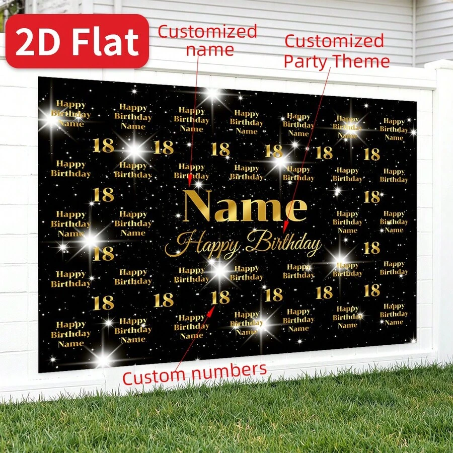 (Customized) 2Dflat Banner Custom Numbers And Names Black Gold Glitter Party Banner Thickened Durable Polyester Background Suitable For Wedding Anniversary Anniversary Sweet 16 Birthday Party Photography Backdrop - 黑色 - 查看 1