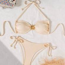 dahkjdgajy Swim Chiccia Conjunto de bikini con textura de tela, hebilla de metal, atar al cuello y lazada lateral, para el verano y las vacaciones en la playa - Azul - Ver 2