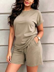 Spring/Summer/Autumn Women's Solid Color Short Sleeve Retro Round Neck T-Shirt & Elastic Waist Drawstring Shorts, PJ-Style Outfit Elegant - Apricot - View 3