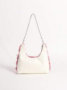 Bolso de hombro hobo de encaje amarillo-verde con diseño floral hueco y adornos de strass para mujer, adecuado para vacaciones (patrón floral distribuido aleatoriamente) - Rosa - Ver 5