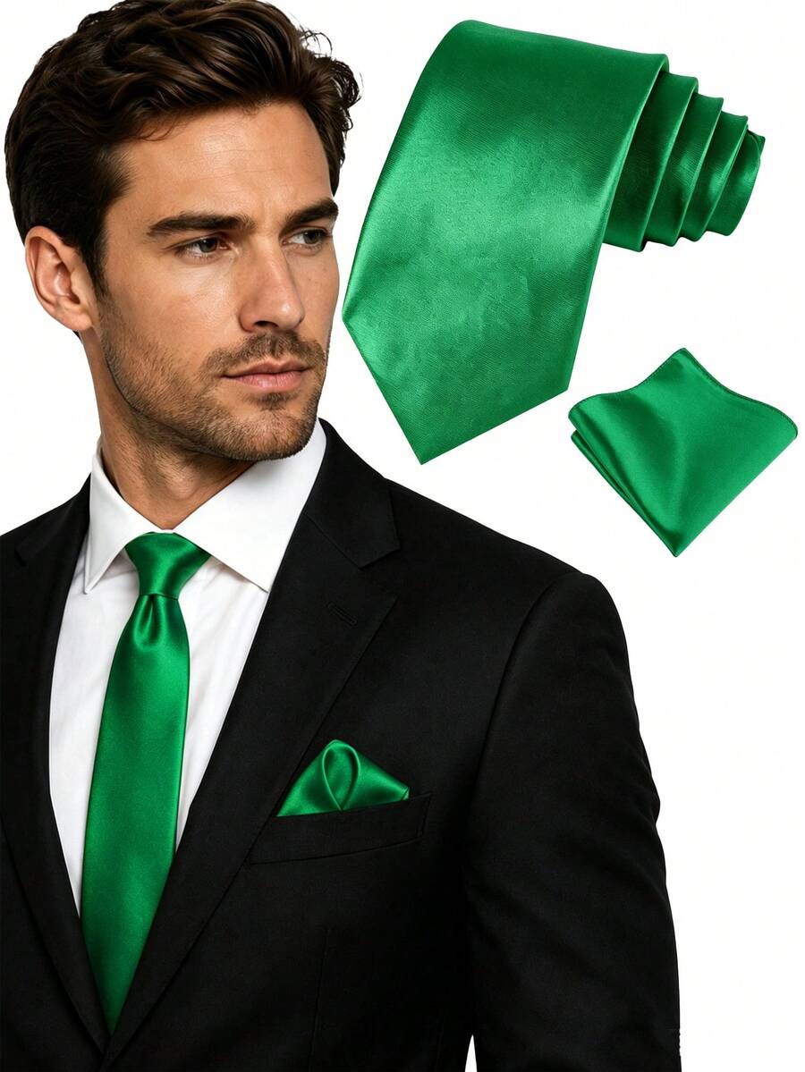 1set Men's Solid Color 8cm Tie And Pocket Square Set, Satin Tie And Handkerchief Set, Business Tie And Pocket Square - Green - View 1