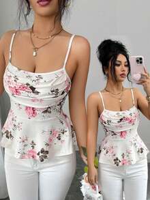 Top de tirantes con volantes y estampado de rosas, ideal para vacaciones de verano - Multicolor - Ver 1