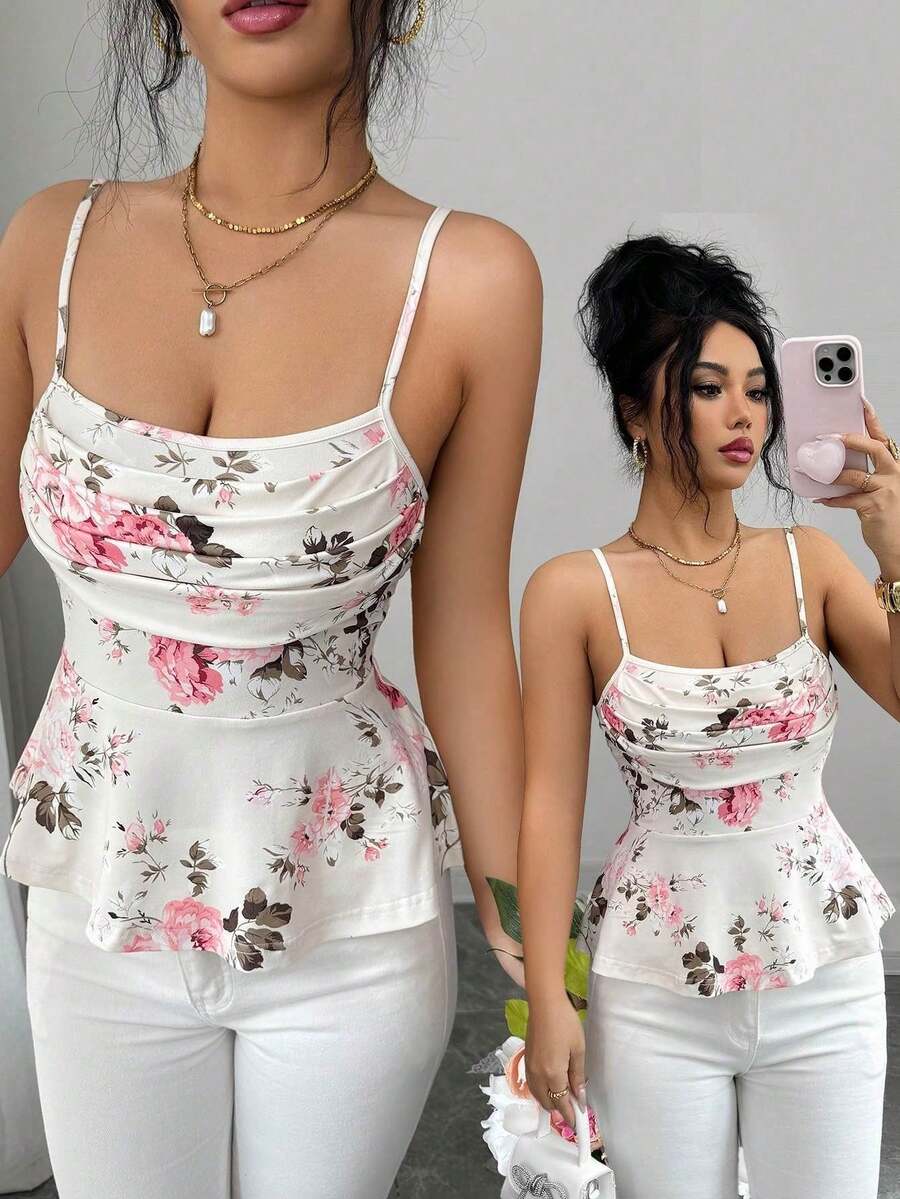 Top de tirantes con volantes y estampado de rosas, ideal para vacaciones de verano - Multicolor - Ver 1