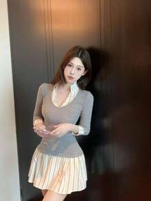Women's Summer French Polo Shirt Collar Sleeveless Slim Shirt Dress With Belt, Elegant Style. - Grey - View 1