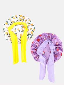 2 piezas Gorros de pelo redondos de satén con cinta elástica estampada para niños, adecuados para uso diario - JDKB-21E Morado fresa/Blanco mango - Ver 2