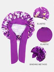 2 piezas Gorros de pelo redondos de satén con cinta elástica estampada para niños, adecuados para uso diario - JDKB-21E Unicornio rosa mango/morado oscuro - Ver 4