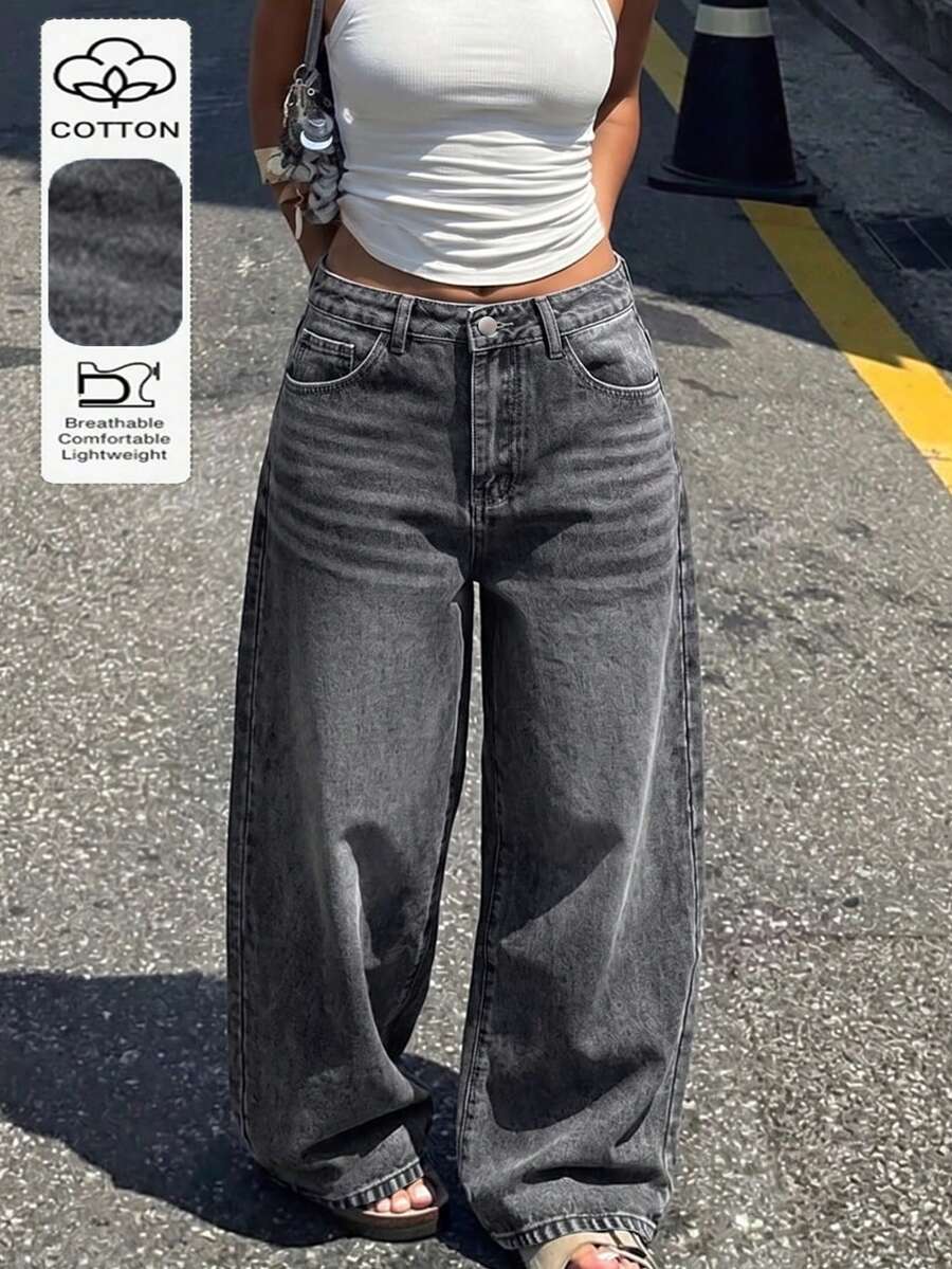 Jeans anchos de ajuste holgado y casual para mujer, versátiles para el uso diario y el estilo callejero en primavera - Gris Oscuro - Ver 1