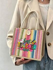 "Best Teacher" Floral Letter Print Linen Tote Bag, Reusable Printed Shopping Bag, Suitable For Commuting And Back To School - Multicolor - View 10