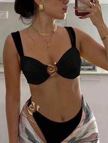 New 2026 Model: New Two-Piece Bikini With Metallic Accessory And Solid Color For Women, Beach Swimsuit With Opening - Dark Green - View 6