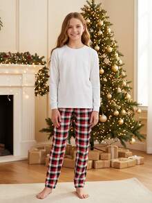 Family Matching Christmas Pajama Set, Solid Color Long Sleeve Tops And Plaid Pants Sleepwear Outfits - White - View 8