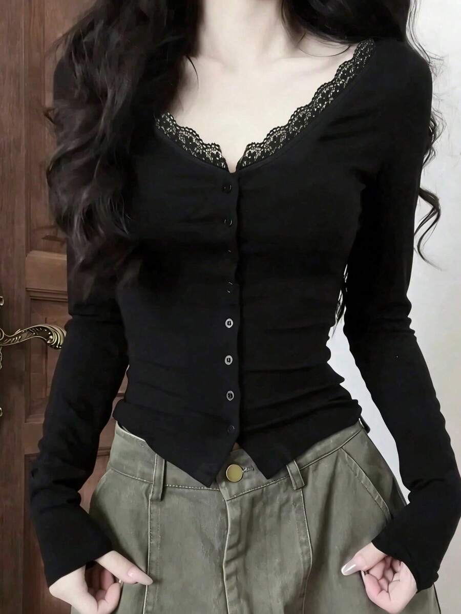 Atasan Hitam Leher V dengan Patchwork Renda, Memperindah Pinggang, Rajutan Elastis, Lengan Panjang Pas Badan, Kancing Dalam Tunggal, Kasual Musim Semi/Gugur/Dingin - Hitam - View 1