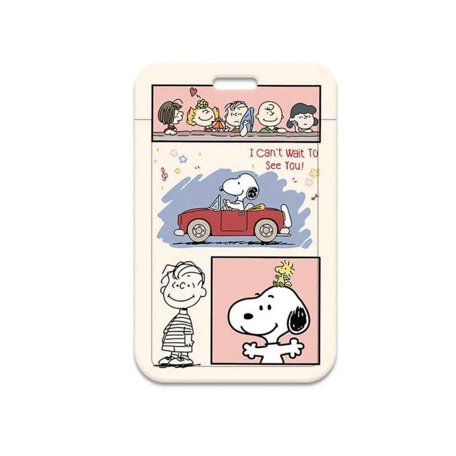 MINISO Snoopy Peanuts 滑動式卡套，附掛繩、鑰匙圈或編織皮革掛繩，開學季可愛復古動漫角色學生證/巴士票保護套 - 樣式 3 - 查看 1
