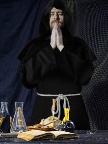 Medieval Wizard Hooded Men's Robe, Renaissance Priest Cloak With Rope Belt, Necklace, Cosplay Costume Accessories - Black - View 5