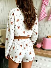 2 piezas Conjunto de pijama de mujer con cuello redondo, manga larga estampada y pantalón corto con cintura elástica, cómodo - Blanco - View 6