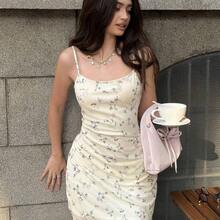 wsb - Colección de ropa femenina de moda  Vestido de tirantes con estampado floral pequeño y ribete en lechuga para eventos de verano - Albaricoque - Ver 4