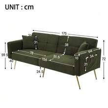 Sofa Bed With Adjustable Incline, Gold Legs, Cushions And Side Storage Pockets - 軍綠色 - 查看 4