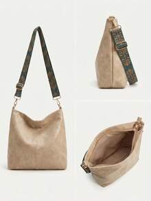 Women's High-Quality PU Bucket Bag, Wide Adjustable Printed Strap, Casual Street Style For Everyday Use - 象牙色 - 查看 8