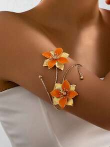 1pc Flower Pendant Fashionable Open Cuff Bracelet Decor, Elegant Style For Women - Gold - View 1