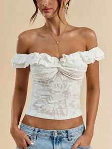 Top corto de encaje con hombros descubiertos para mujer, blusa ajustada con frente con nudo y volante - Blanco - Ver 9