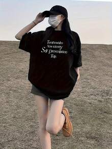 Camiseta de Manga Corta de Algodón para Mujer, Talla, Versión Coreana, Holgada, Color Sólido, Versátil, Moderna, para Primavera y Verano ZKQM - Negro - Ver 1