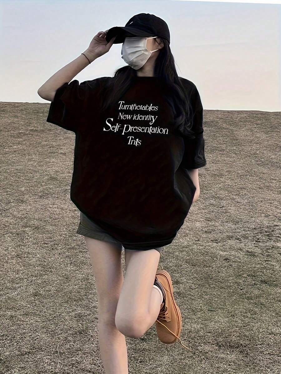Camiseta de Manga Corta de Algodón para Mujer, Talla, Versión Coreana, Holgada, Color Sólido, Versátil, Moderna, para Primavera y Verano ZKQM - Negro - Ver 1