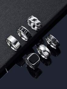 6pcs Dark Style Stainless Steel Men's Rings, Roman Numeral Black Agate Geometric Men's Rings, Daily Versatile Accessories - Multicolor - View 3