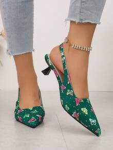 Spring/Summer Women's High Heel Shoes With Back Strap, Low Kitten Heel, Green Random Butterfly Print, Pointed Toe, Low Vamp, Rhinestone Embellished Sandals, Comfortable Stiletto Heel, Open Back, Versatile For Wedding, Banquet, Commute - Green - View 4