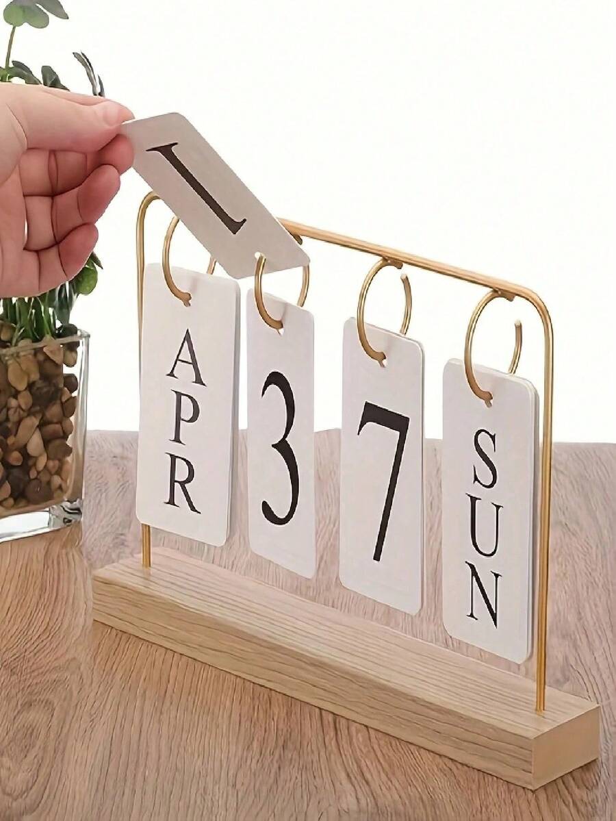Classic Wooden Flip Perpetual Calendar With Gold Frame, Desktop Display For Month And Date, Home Office Decor Calendar, Back To School And Holiday Party Decoration, Simple Ornament Without Complex Calendar Functions