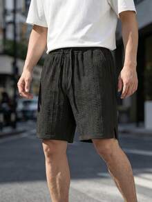 Shorts de punto texturizado para hombre para la temporada de vuelta a la escuela, shorts de uso diario con cintura con cordón, diseño de abertura lateral - Negro - Ver 4