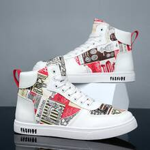 1 Paar Herren Mode High-Top Skateboard Schuhe, Zufälliges Muster Hip-Hop Herren Schuhe, Bequeme Lässige Sportschuhe - Rot-Weiß - Übersicht 3