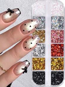 12-Grid 1mm Ultra-Mini Star & Heart Glitter Nail Art Sequins, Ultra-Thin Y2K Holographic Laser Gold Silver Pink Aurora Glitter, Small Heart Nail Decoration Accessories, Japanese Salon DIY Supplies - Multicolor - View 3