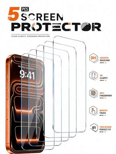 5 pachete - Protector de ecran din sticlă călită Ultra HD pentru iPhone 17 Pro Max/17 Pro/17 Air/17 E/17/16 Pro Max/16 Pro/16 Plus/16 E/16/15/14/13/12/11. Redă perfect culorile originale ale ecranului, decupaje precise, rezistent la zgârieturi și uzură, fără margini albe sau bule, control tactil sensibil. De asemenea, un accesoriu pentru telefon, compatibil cu husele de telefon, simplu și versatil, unisex.
