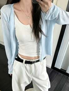 女款春夏新款蕾絲拼接荷葉邊軟針織開襟衫 防曬輕便外套上衣 法式女孩風 - 淺藍色 - 查看 1