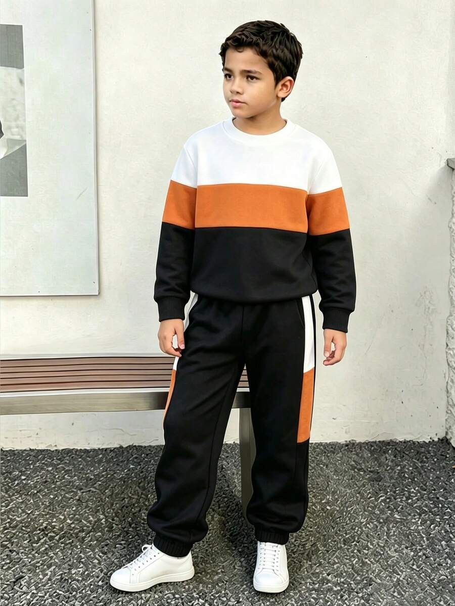 青少年男孩拼色保暖圆领运动衫和梭织长裤 - 黃色 - 查看 1