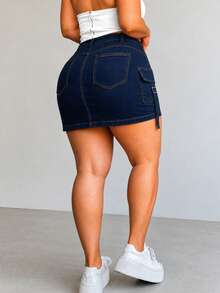 Mini-jupe cargo en jean grande taille, jupe en jean moulante à taille haute avec poches fonctionnelles, jupe streetwear Y2K pour femmes pulpeuses, décontractée pour l'été - bleu foncé - Voir 5