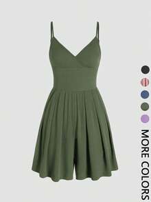 Women's Short Backless Crossover Cami Jumpsuit, Casual Jumpsuit With Adjustable Spaghetti Straps And Wide Leg, Summer Outfits 2024, Women's Everyday Wear Clothing - 綠色 - 查看 1
