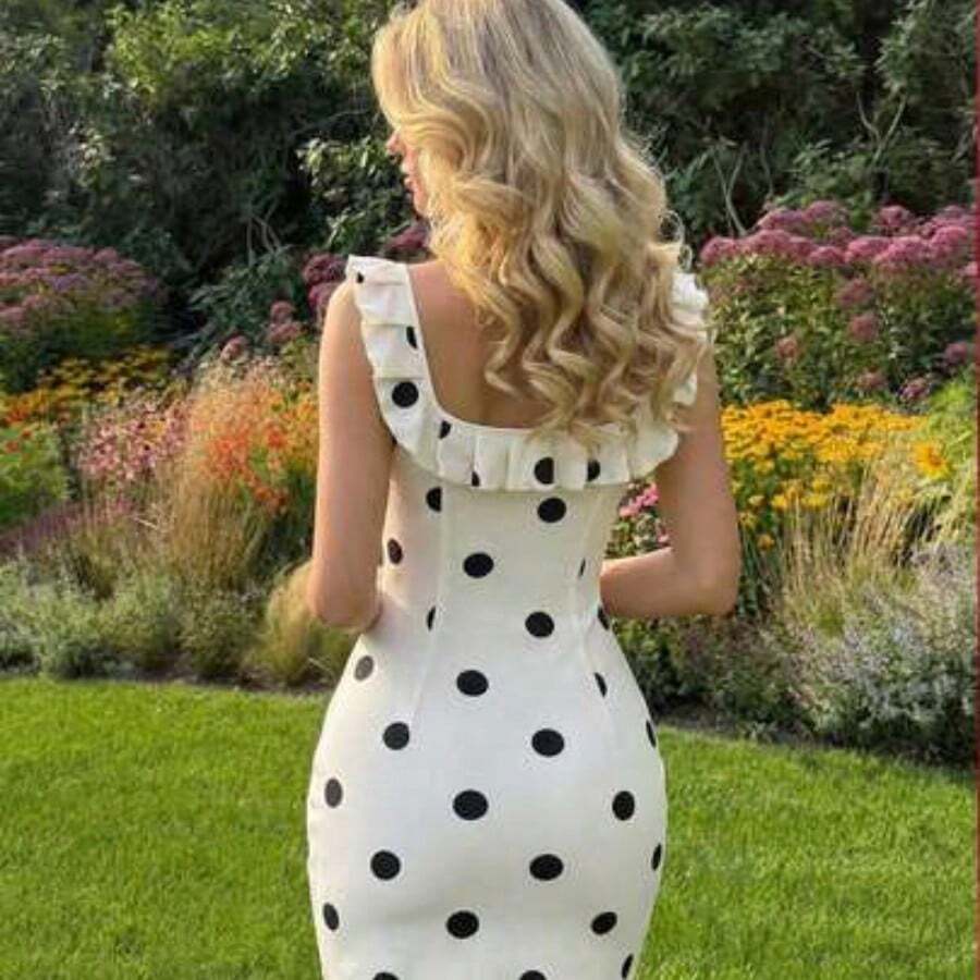 MOD Vestido mini de fiesta con volantes y estampado de lunares para mujer - Albaricoque - Ver 1