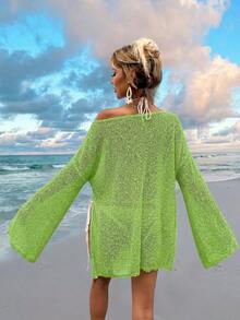 Women's Loose Drop Shoulder Casual Sheer Beach Cover Up For Summer Vacation - Lime Green - View 5