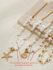 3pcs Bohemian Vacation Ocean Style Mermaid Shell Faux Turquoise Starfish Pendant Seed Bead Polymer Clay Necklace Set, Suitable For Women's Daily And Beach Holiday Wear, Random Stone Quantity (Random Arrangement Of Crushed Stones) - White - View 4