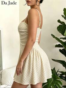 Women Sweet Casual Beige Polka Dot Mini Dress Spaghetti Strap Square Neck Front Button Ruched Waist Summer Beach Vacation Y2K Going Out Short Dress - Apricot - View 2