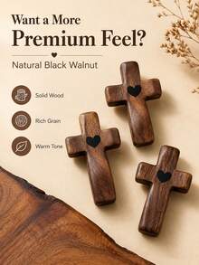 Aesthetic Walnut Wood Cross Set With Black Heart Healing Pocket Cross For Christians Wooden Cross Sleek Texture Blessing Carried Cross For Desk Grief Comfort Anxiety Relief Tokens - 5Pcs - View 5