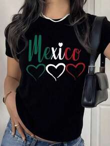 Women's Casual Printed T-Shirt, Short Sleeve And Round Neck, Local Urban Fashion Spring/Summer. Women's Blouses, Women's T-Shirts. 180g (S-XXXL) - 黑色 - 查看 1