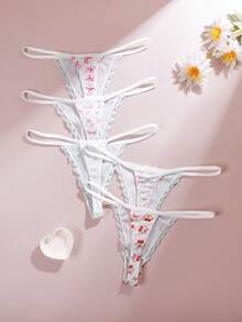 5pcs Printed/Solid Color Comfortable Lace Patchwork Women's Thong Panties - White - View 2
