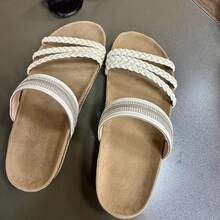 1 Pair Solid Color PU Leather Rhinestone Casual Beach Sandals, Holiday College Vacation Party Office Summer Women's Slippers - Beige - View 4