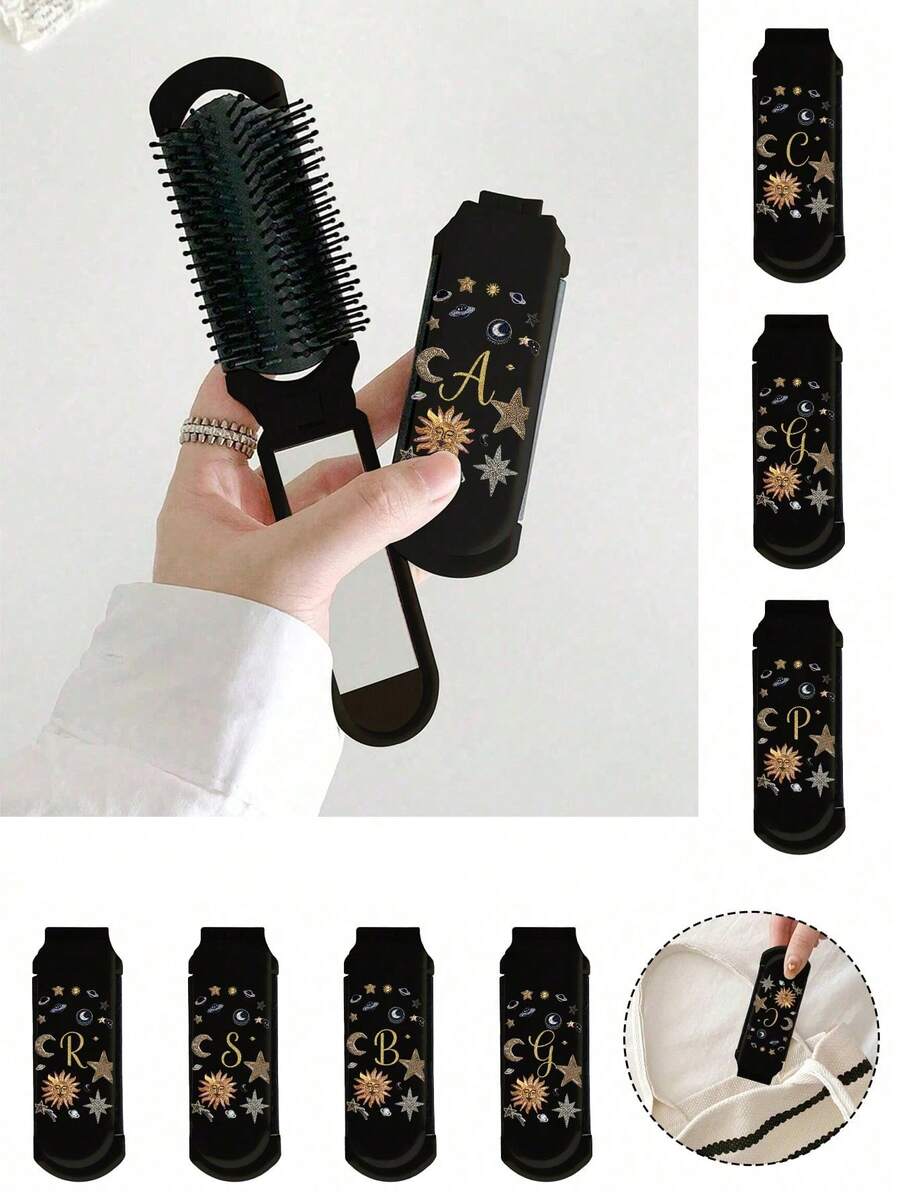 Shiny Gold Letter Folding Comb, Y2K Millennium Style, Letter Folding Comb, Portable Mirror Comb, Girl Style, Influencer Style, Retro Star Folding Comb, Portable Mini Comb, Integrated Mirror, Travel Comb, Portable Makeup, Hairdressing, Dual-Use, Suitable For Carrying, Suitable As A Gift, Best Gift For Mother's Day, Teacher's Day, Valentine's Day - Multicolor - View 1